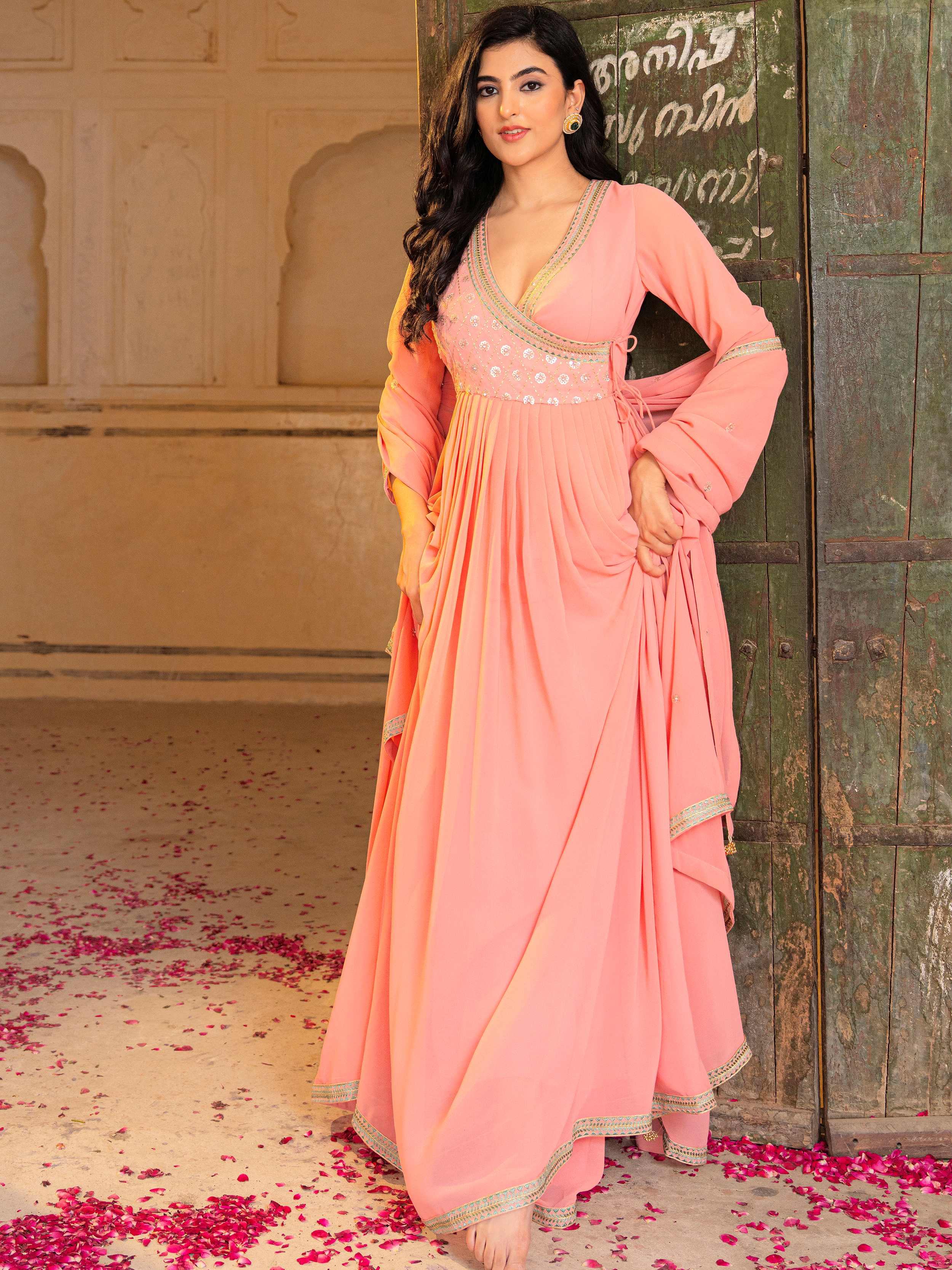 Impressive Peach Sequins Georgette Function Wear Gown With Dupatta