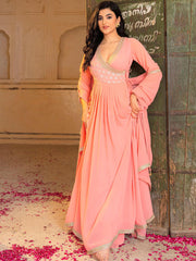 Impressive Peach Sequins Georgette Function Wear Gown With Dupatta
