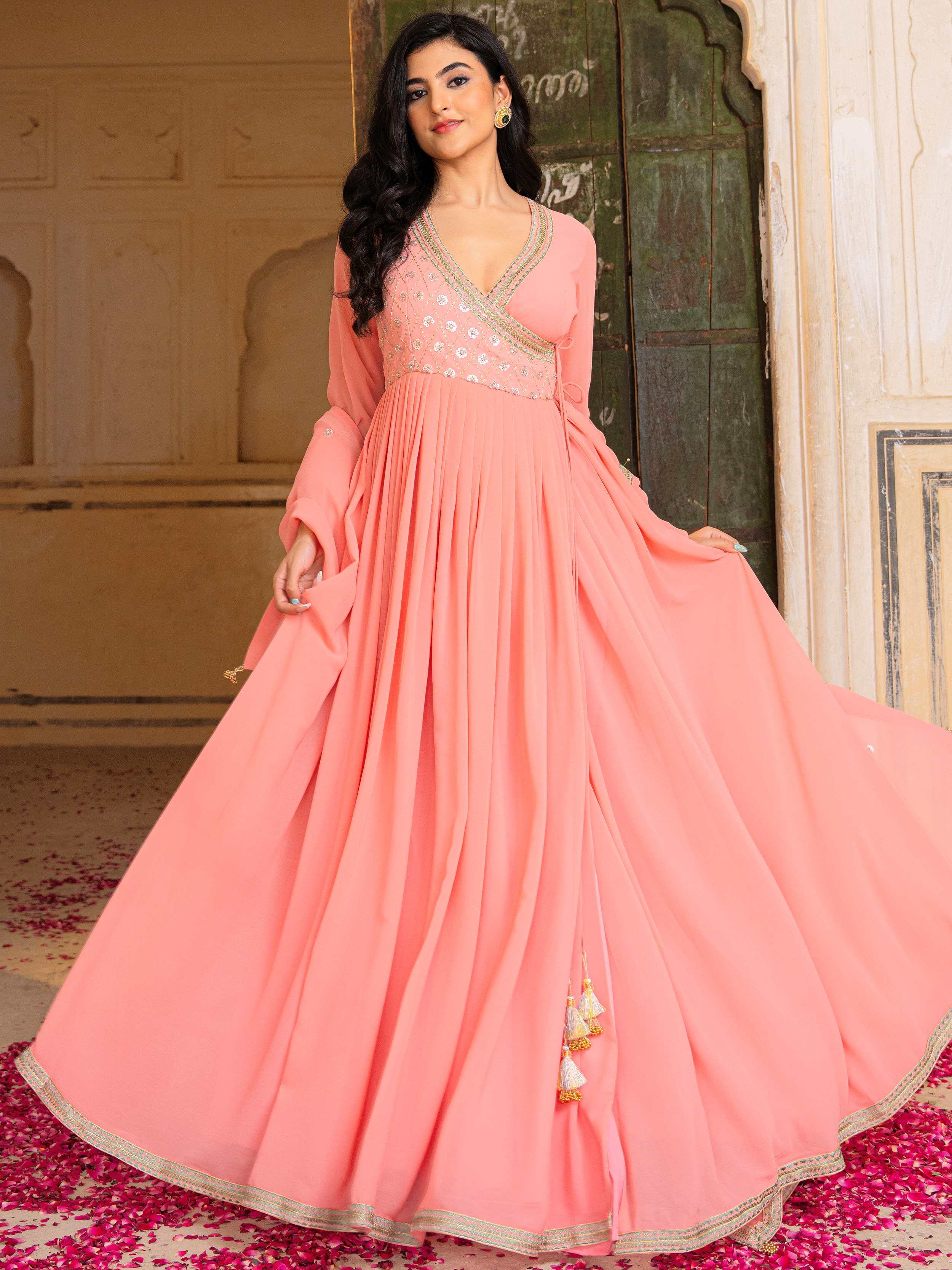 Impressive Peach Sequins Georgette Function Wear Gown With Dupatta