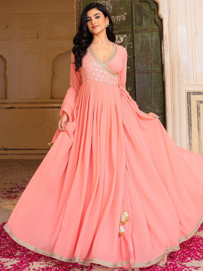 Impressive Peach Sequins Georgette Function Wear Gown With Dupatta