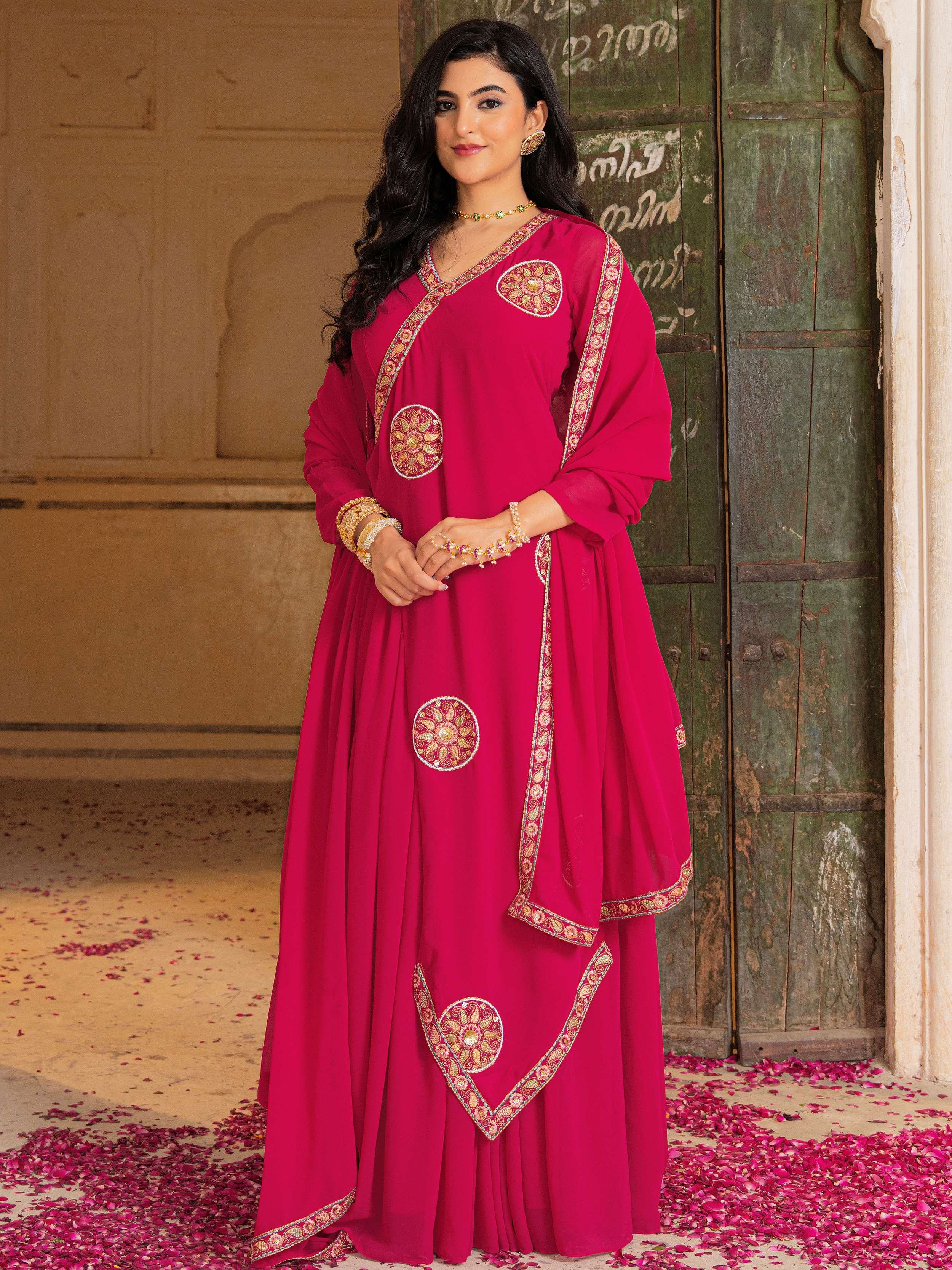 Gorgeous Pink Embroidered Georgette Function Wear Gown With Dupatta