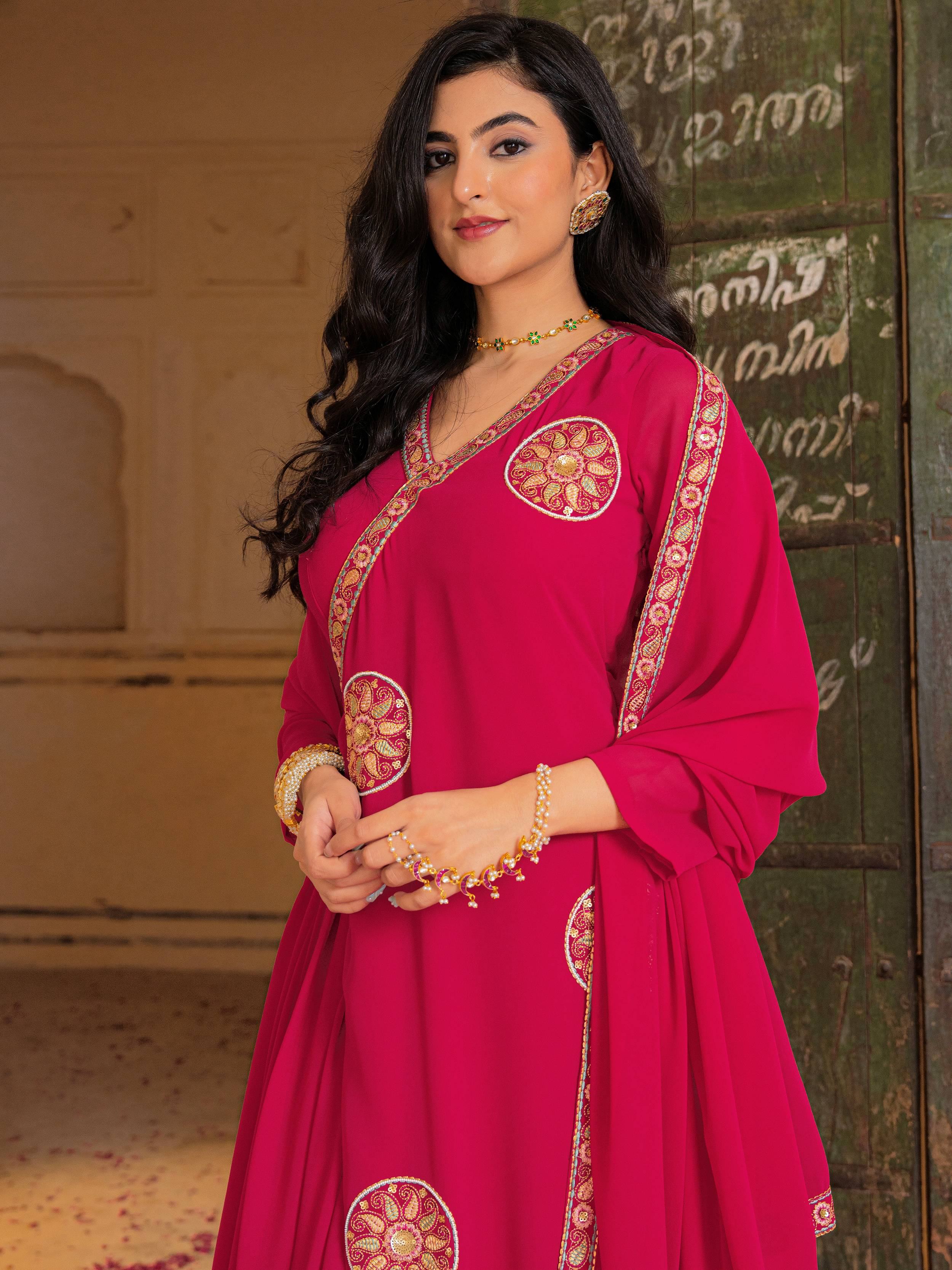 Gorgeous Pink Embroidered Georgette Function Wear Gown With Dupatta