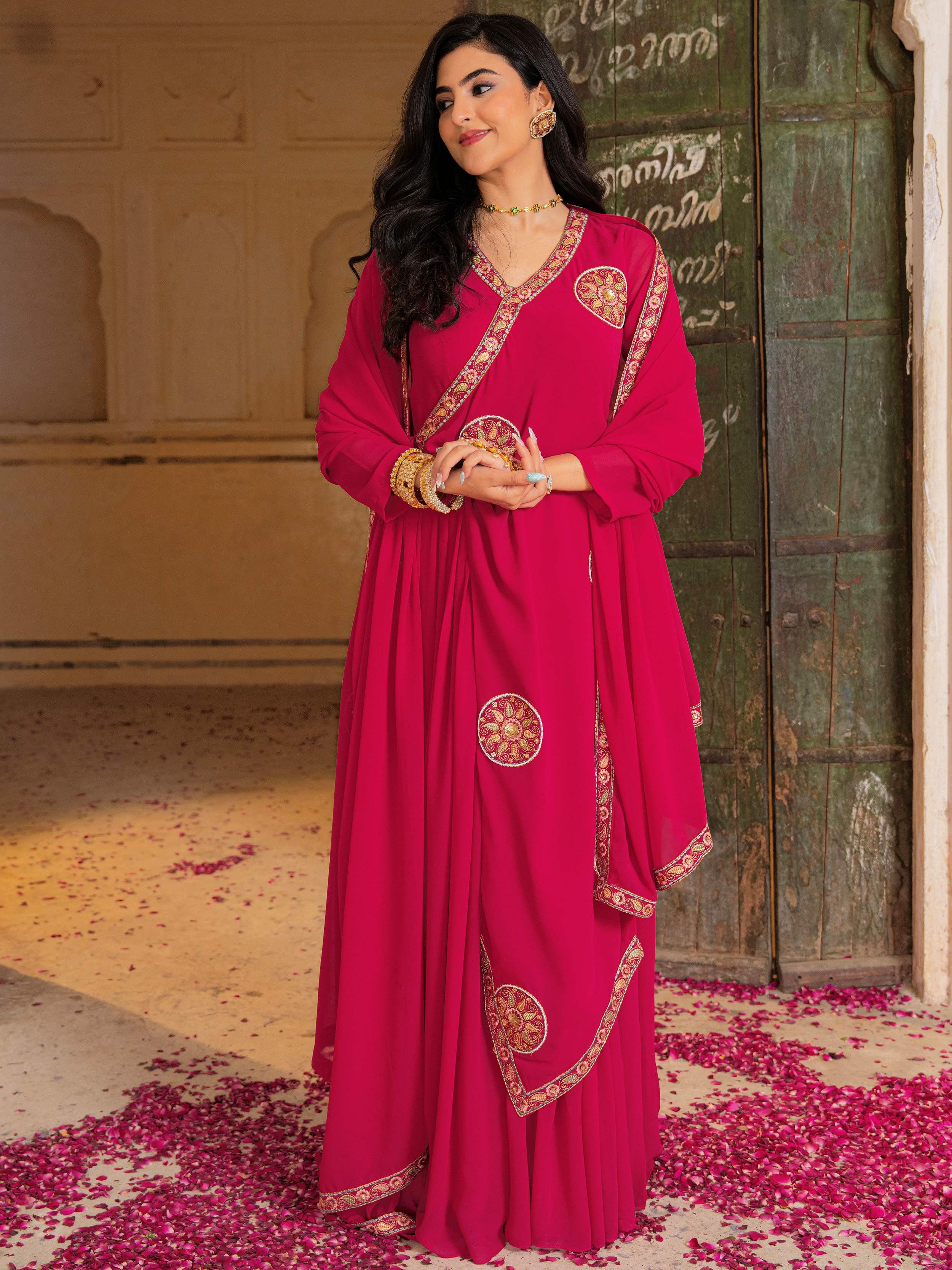 Gorgeous Pink Embroidered Georgette Function Wear Gown With Dupatta