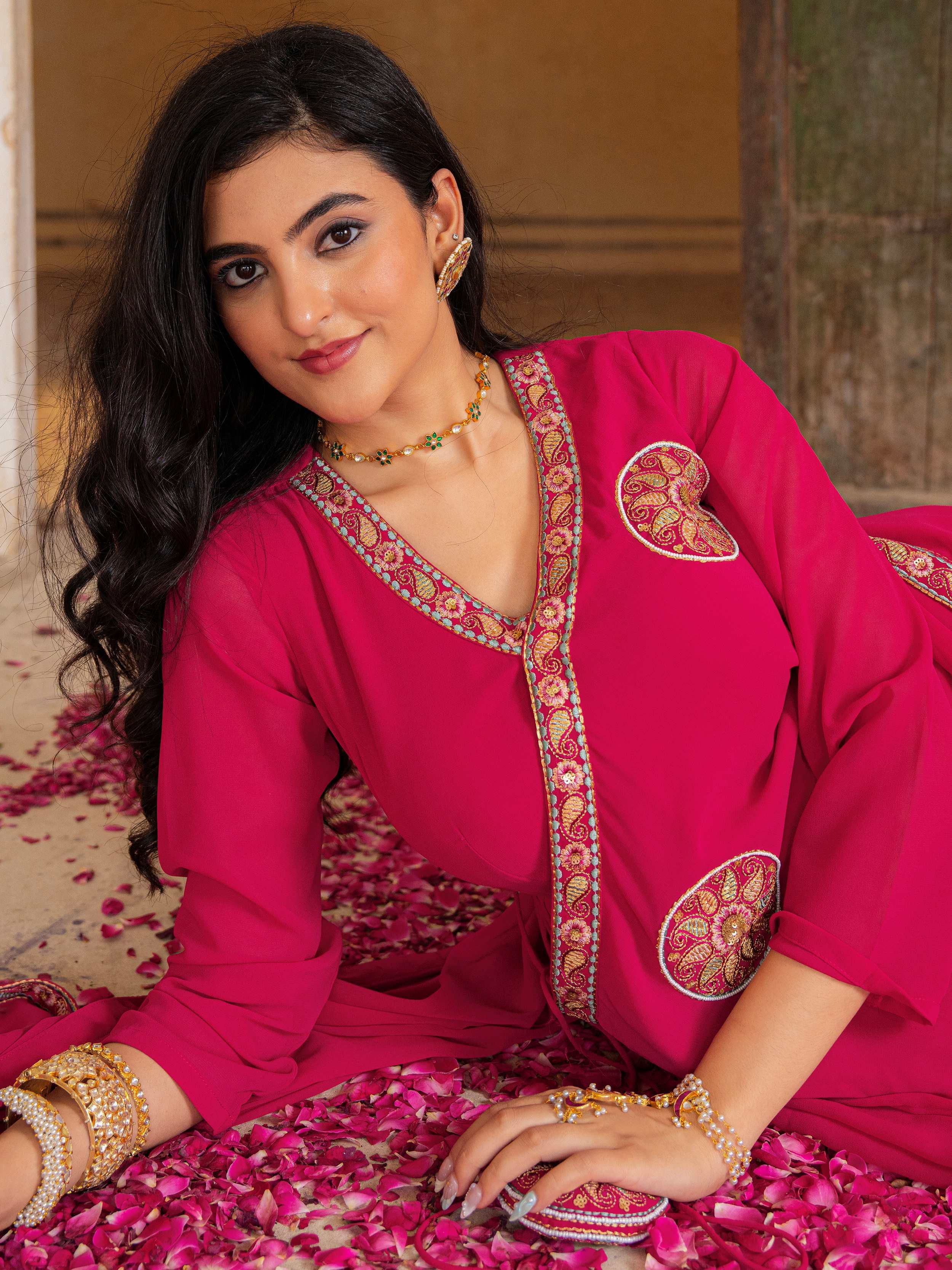 Gorgeous Pink Embroidered Georgette Function Wear Gown With Dupatta