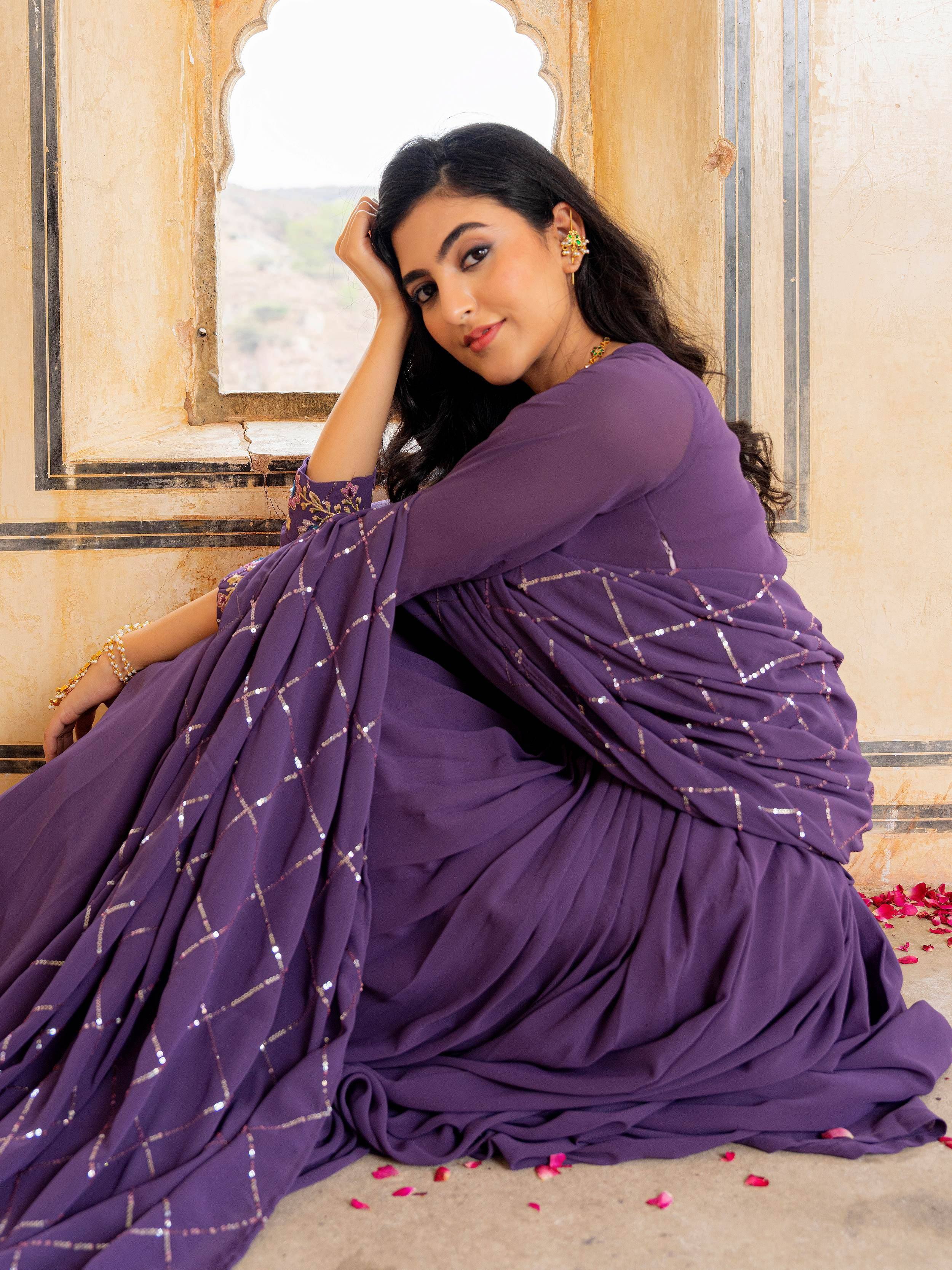 Wonderful Purple Embroidered Georgette Festival Wear Gown With Dupatta