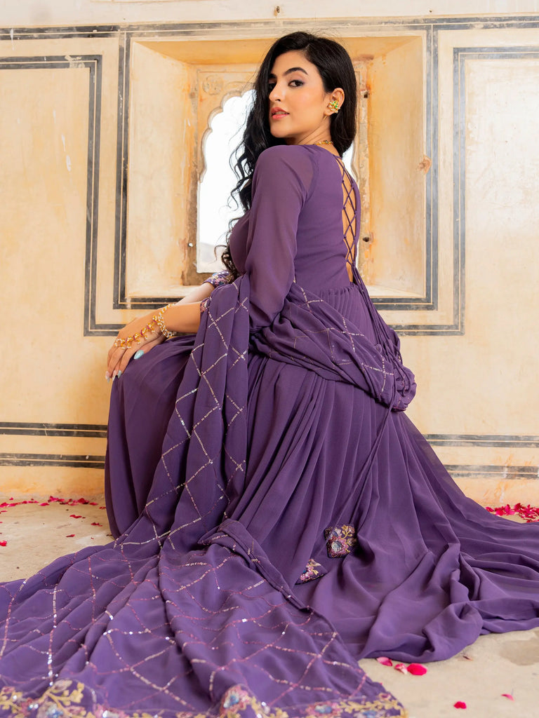 Wonderful Purple Embroidered Georgette Festival Wear Gown With Dupatta