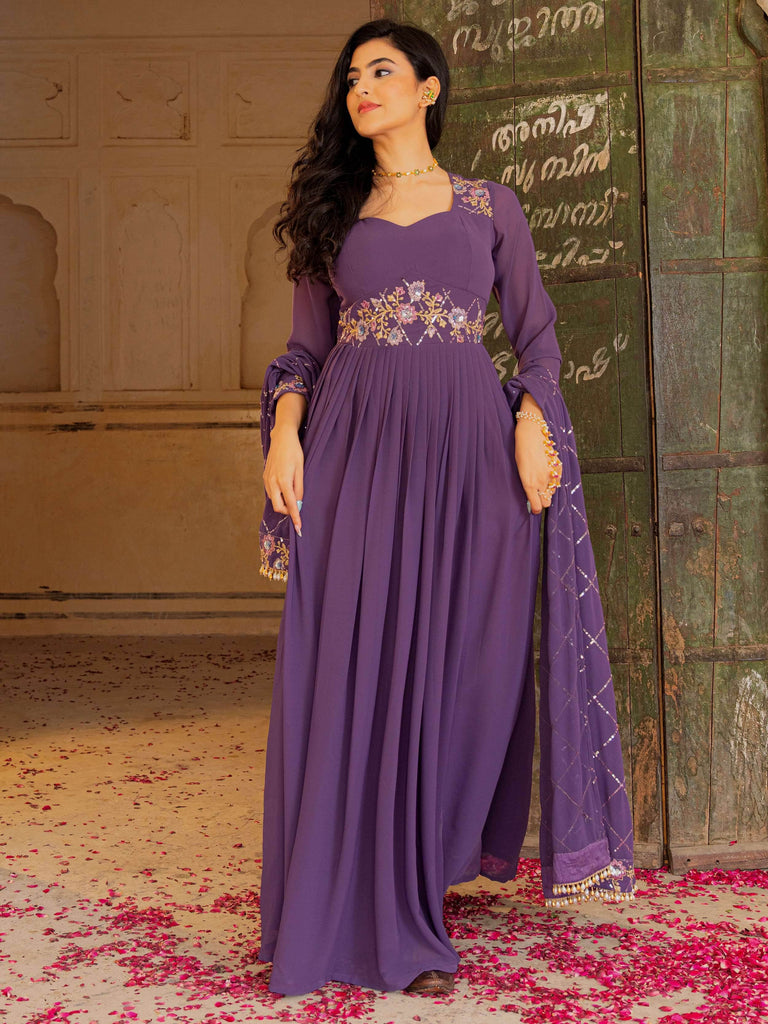 Wonderful Purple Embroidered Georgette Festival Wear Gown With Dupatta