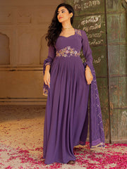 Wonderful Purple Embroidered Georgette Festival Wear Gown With Dupatta