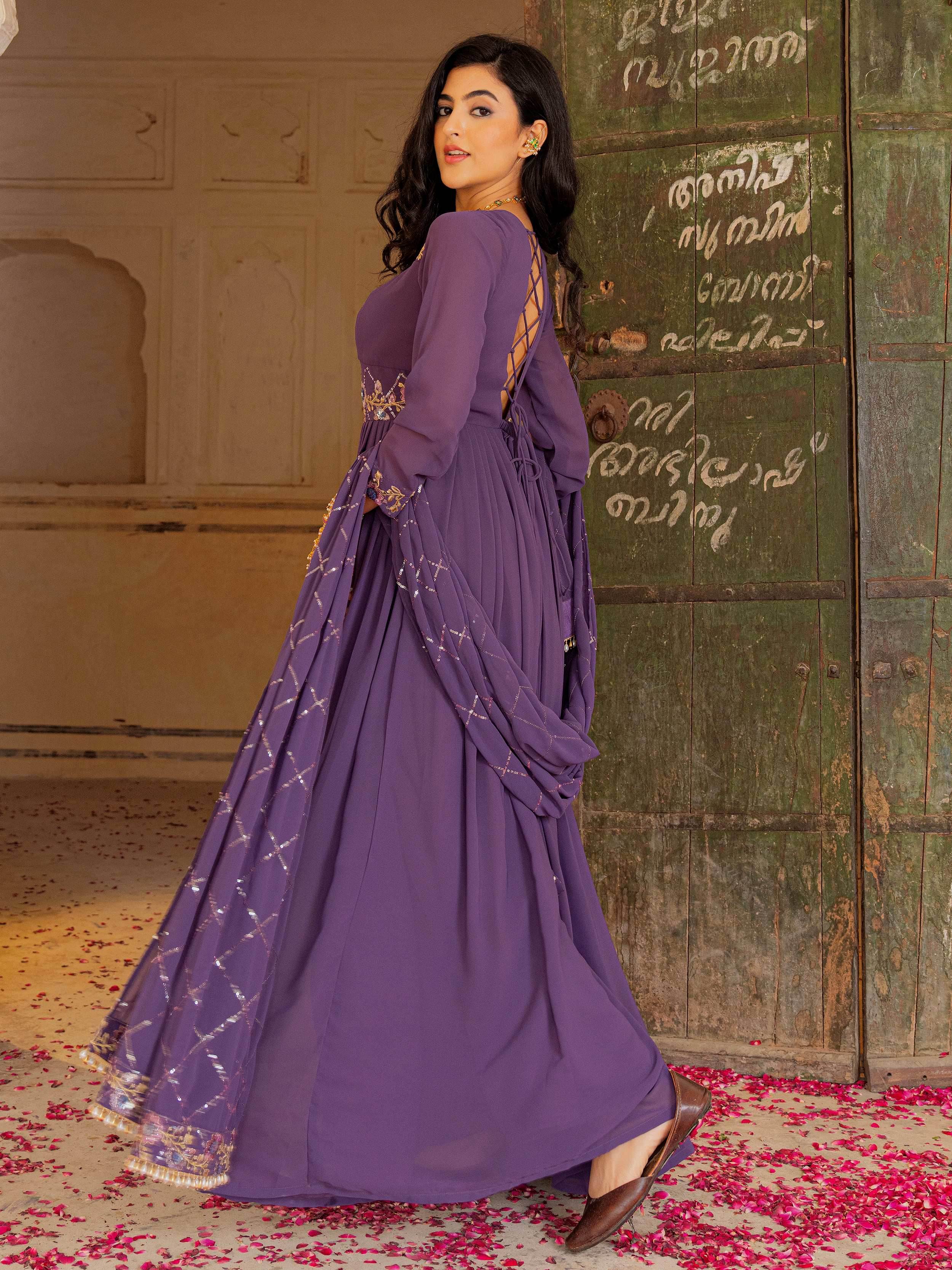 Wonderful Purple Embroidered Georgette Festival Wear Gown With Dupatta