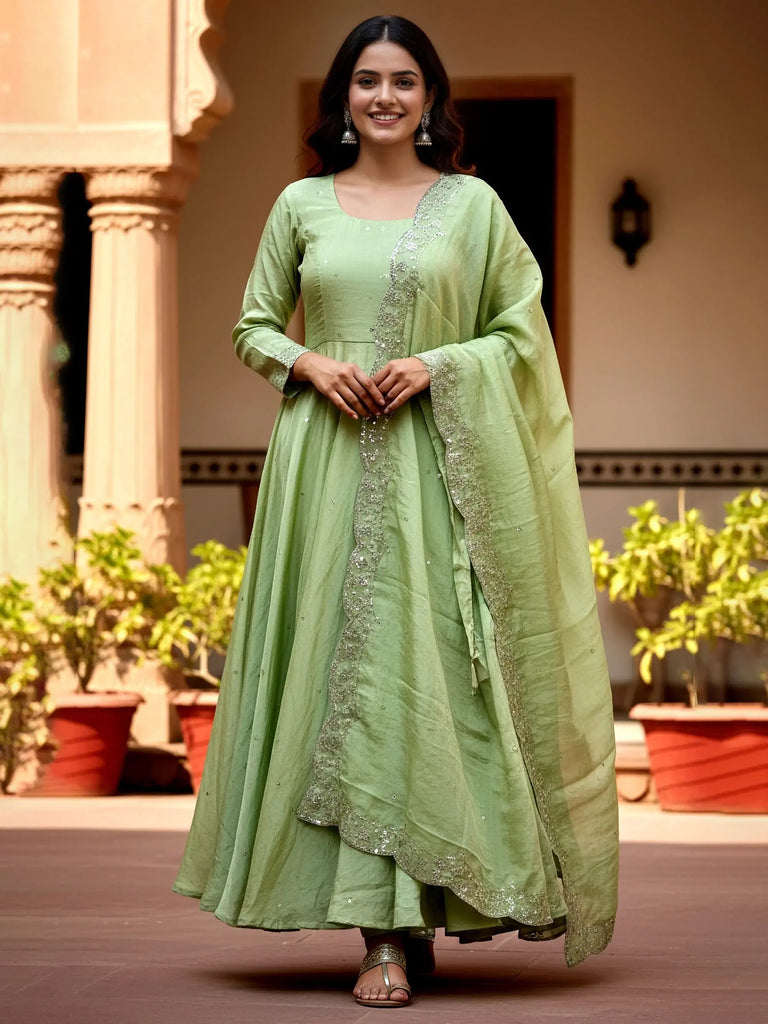 Amazing Green Sequin Embroidered Silk Festive Wear Gown With Dupatta