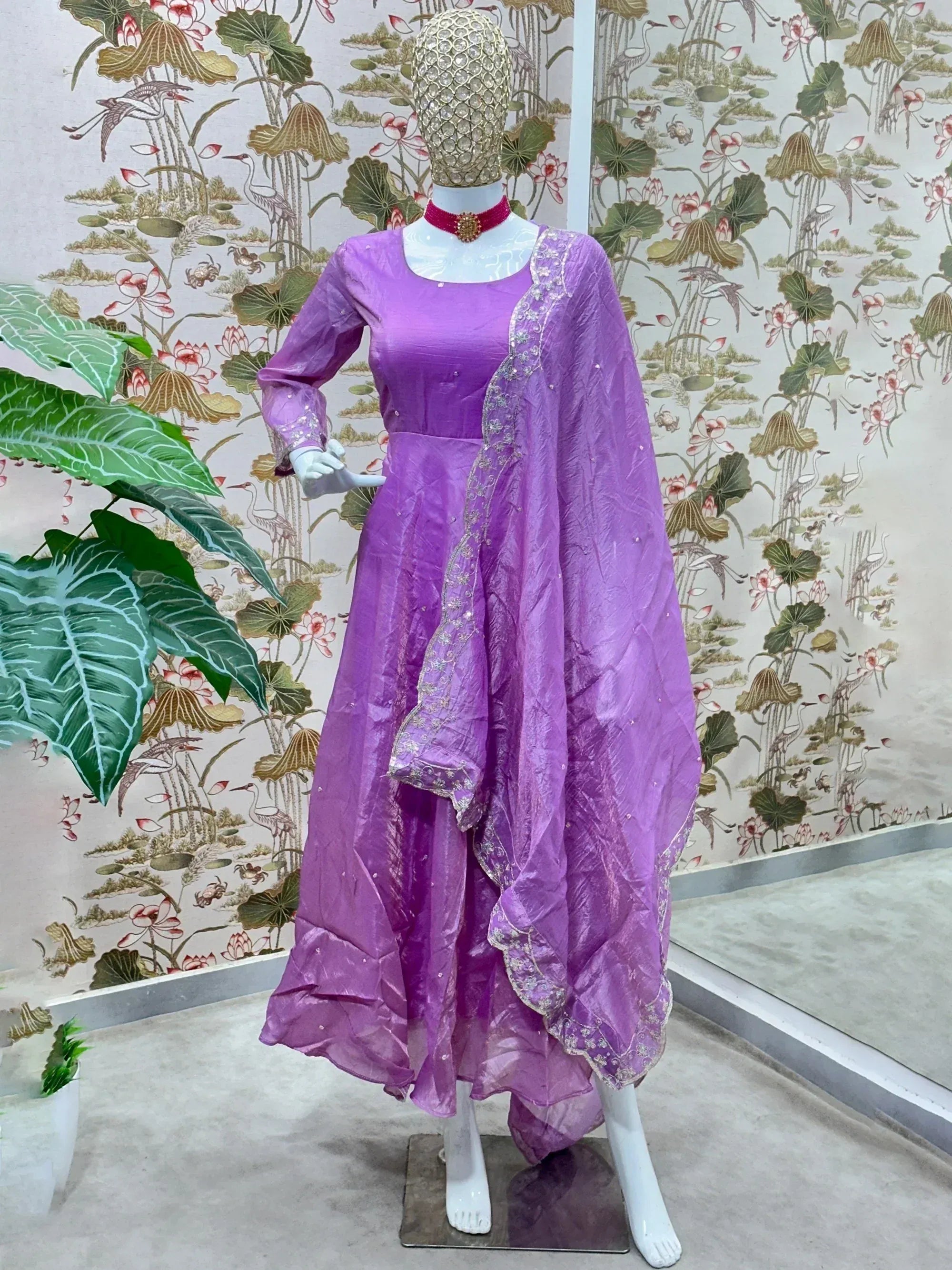 Beautiful Purple Zari Embroidered Silk Festive Wear Gown With Dupatta