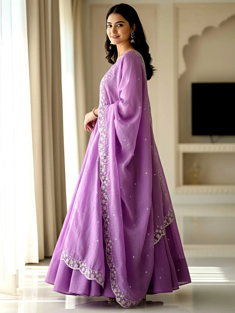 Beautiful Purple Zari Embroidered Silk Festive Wear Gown With Dupatta