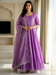 Beautiful Purple Zari Embroidered Silk Festive Wear Gown With Dupatta