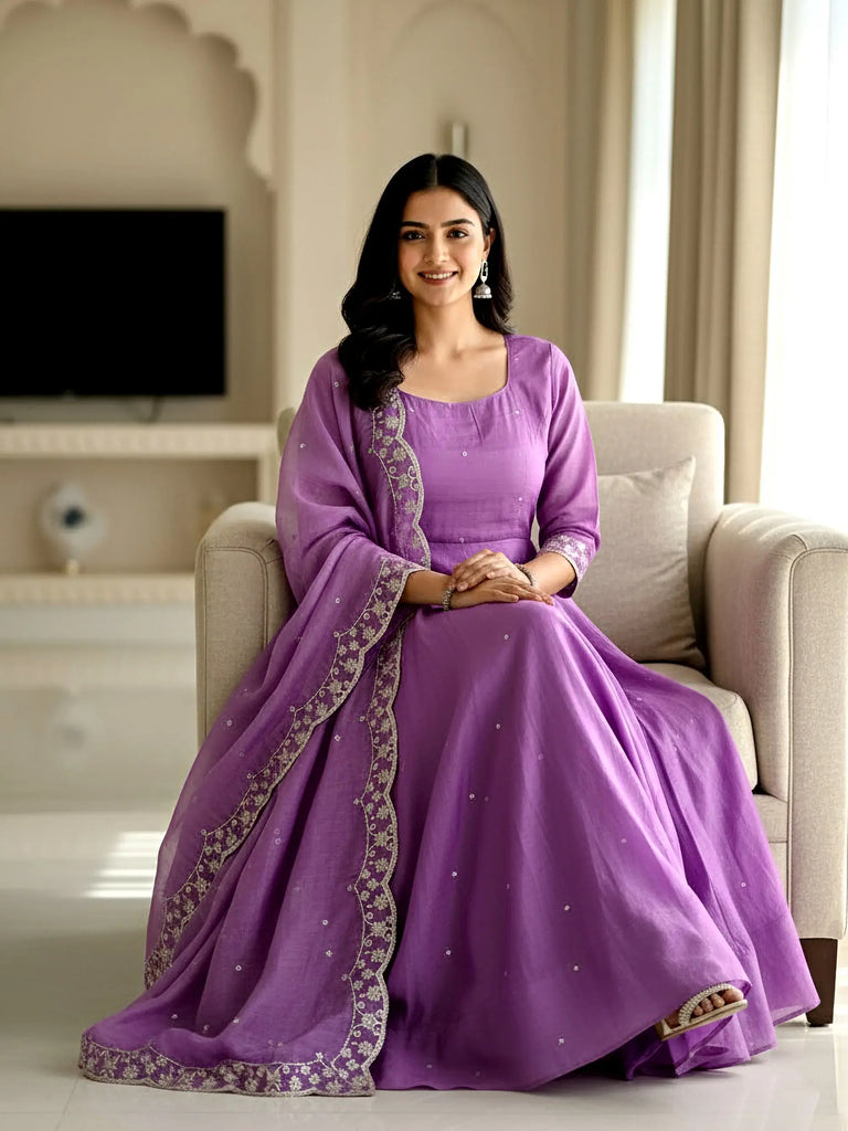 Beautiful Purple Zari Embroidered Silk Festive Wear Gown With Dupatta