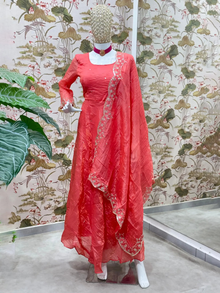 Alluring Red Zari Work Silk Festive Wear Gown With Dupatta