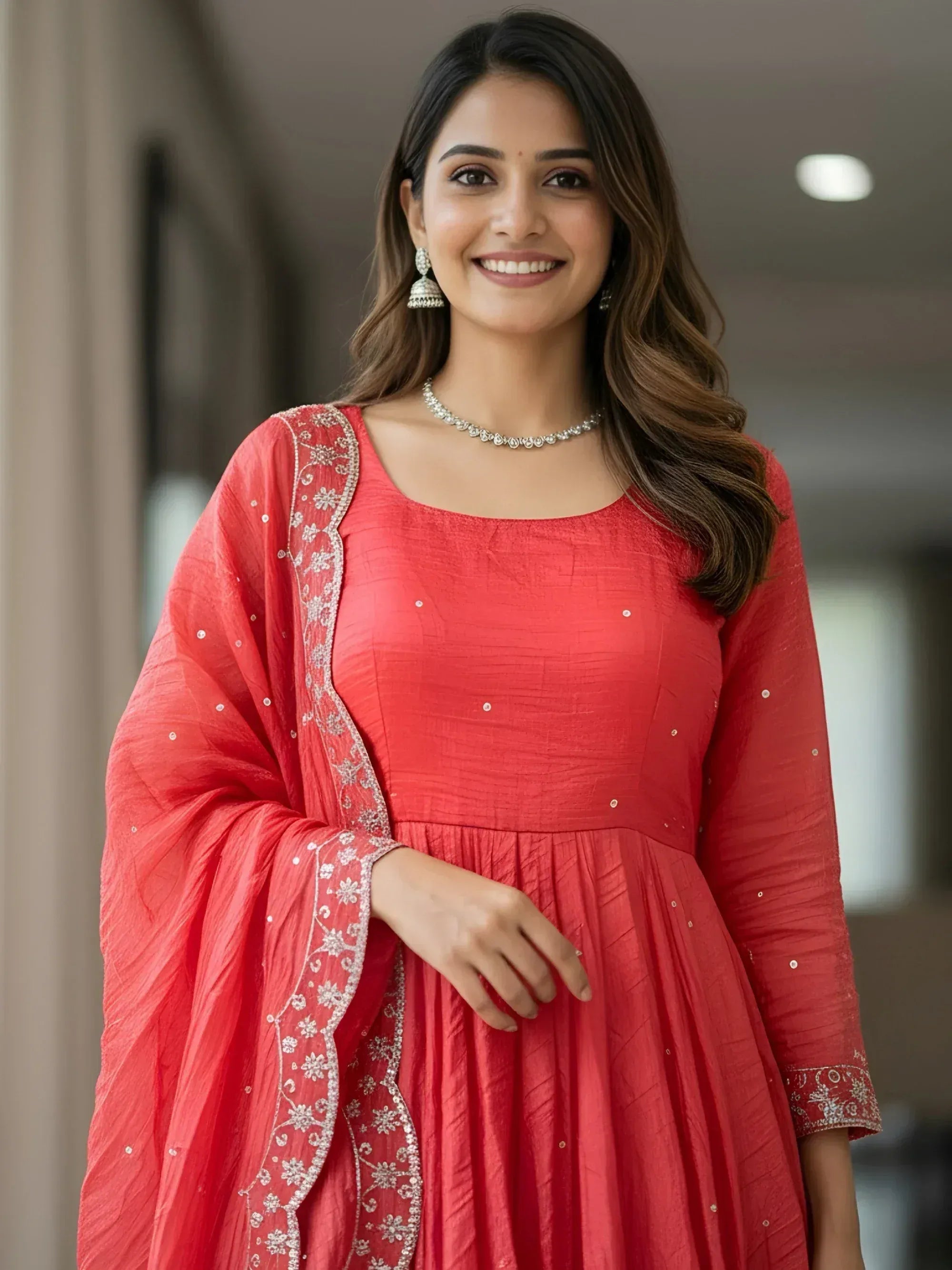 Alluring Red Zari Work Silk Festive Wear Gown With Dupatta