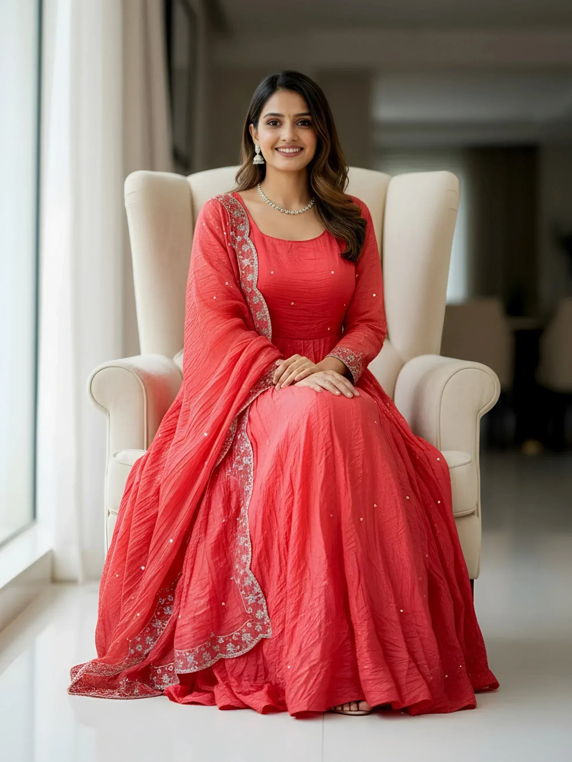 Alluring Red Zari Work Silk Festive Wear Gown With Dupatta
