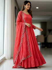 Alluring Red Zari Work Silk Festive Wear Gown With Dupatta