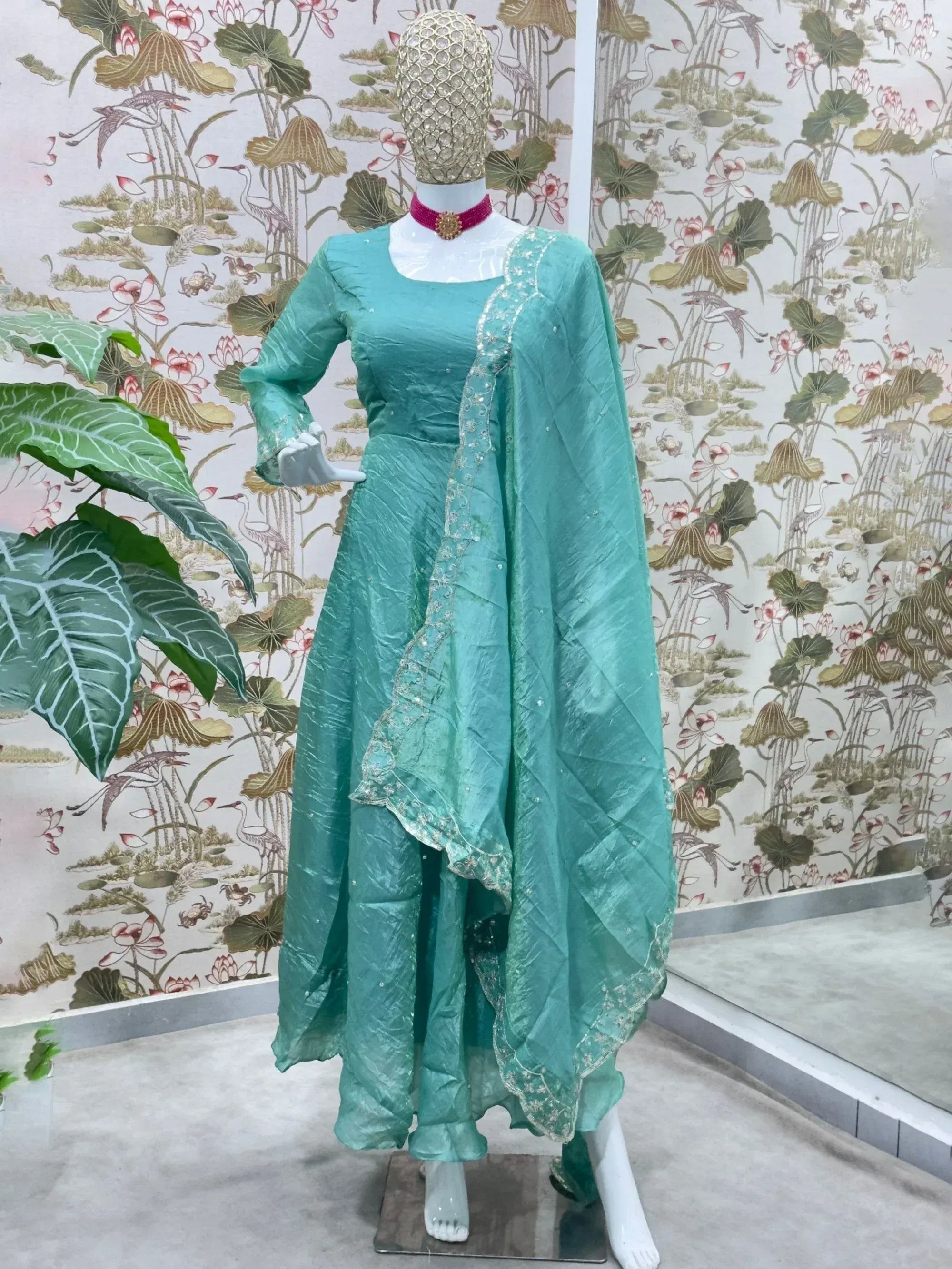 Elegant Teal Sequins Embroidered Silk Festive wear Gown With Dupatta