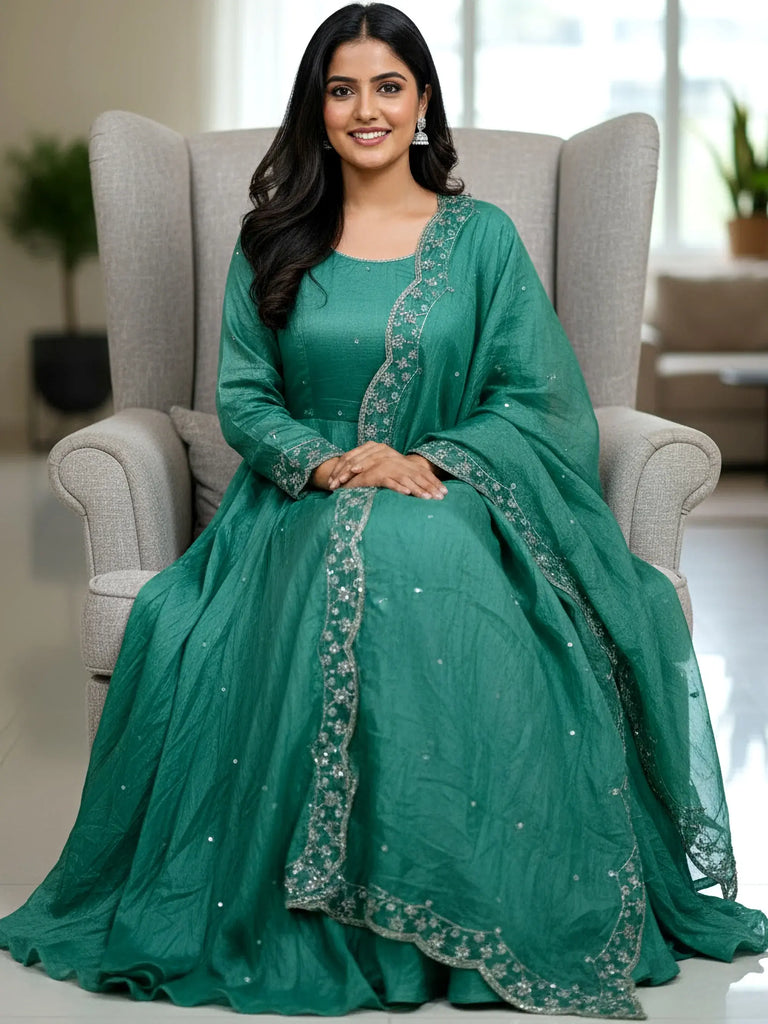 Elegant Teal Sequins Embroidered Silk Festive wear Gown With Dupatta