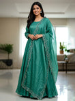 Elegant Teal Sequins Embroidered Silk Festive wear Gown With Dupatta
