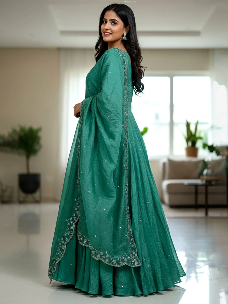 Elegant Teal Sequins Embroidered Silk Festive wear Gown With Dupatta