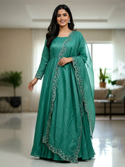 Elegant Teal Sequins Embroidered Silk Festive wear Gown With Dupatta
