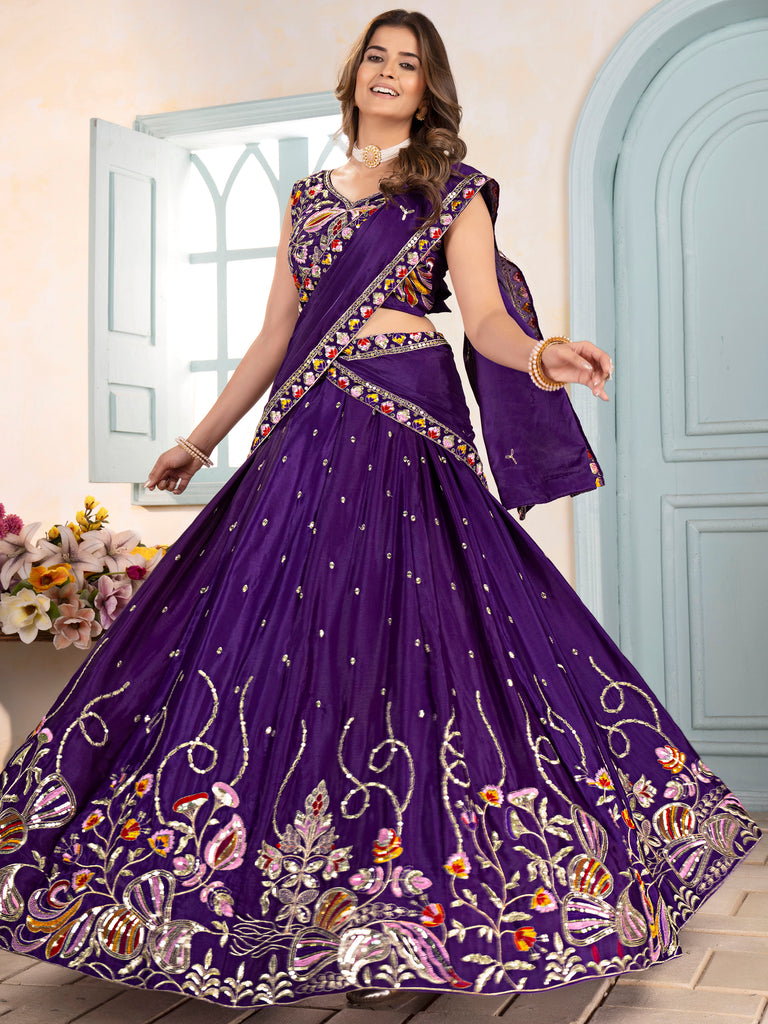 Tantalizing Purple Thread Embroidered Chinon Wedding Wear Lehenga Choli