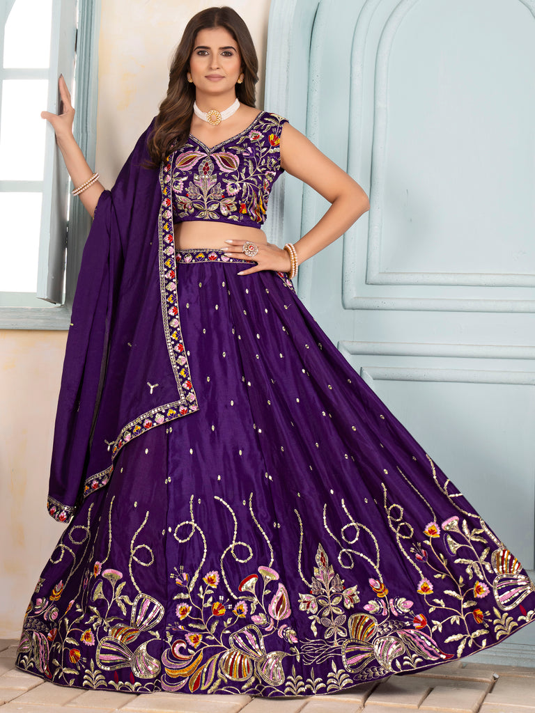 Tantalizing Purple Thread Embroidered Chinon Wedding Wear Lehenga Choli