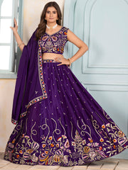 Tantalizing Purple Thread Embroidered Chinon Wedding Wear Lehenga Choli