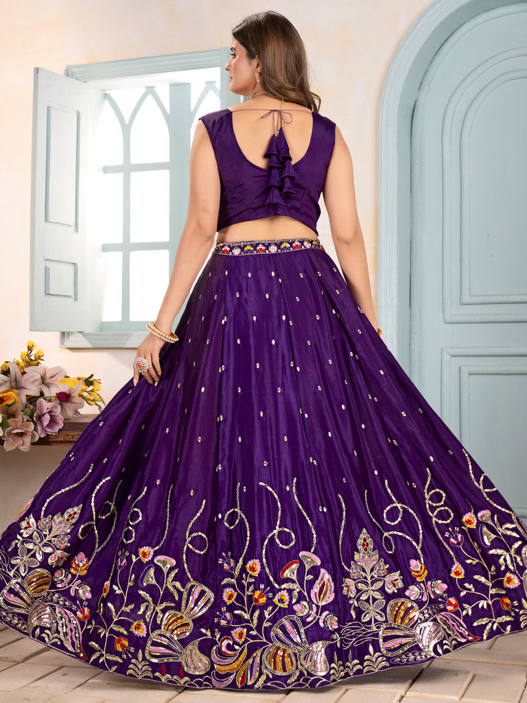 Tantalizing Purple Thread Embroidered Chinon Wedding Wear Lehenga Choli