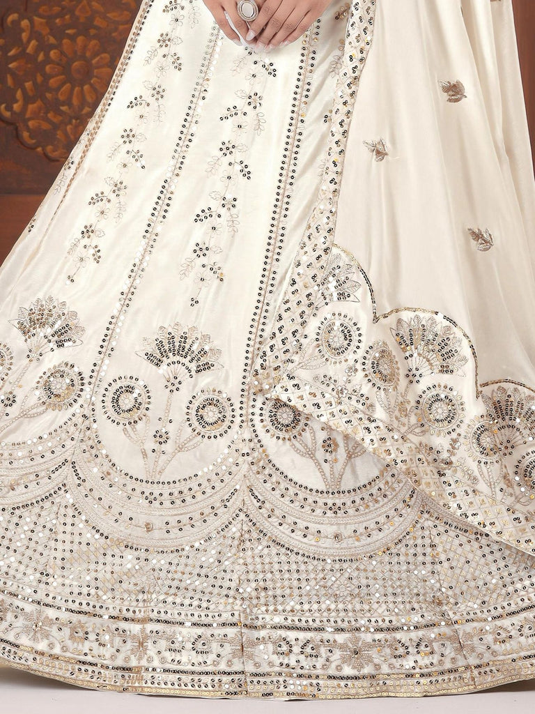 Charming White Thread Embroidered Chinon Wedding Lehenga Choli With Dupatta