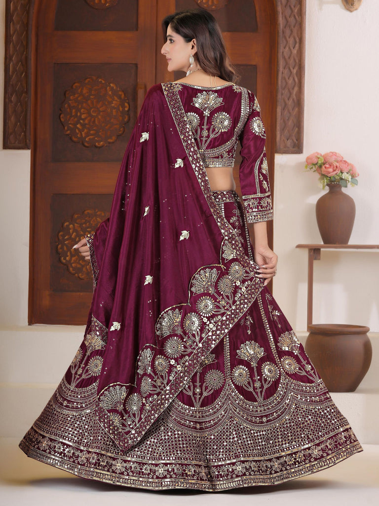 Lovely Wine Sequins Chinon Bridesmaid Lehenga Choli With Dupatta