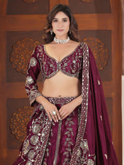Lovely Wine Sequins Chinon Bridesmaid Lehenga Choli With Dupatta