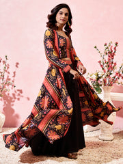 Stunning Black Crepe Designer Crop Top Palazzo With Shrug
