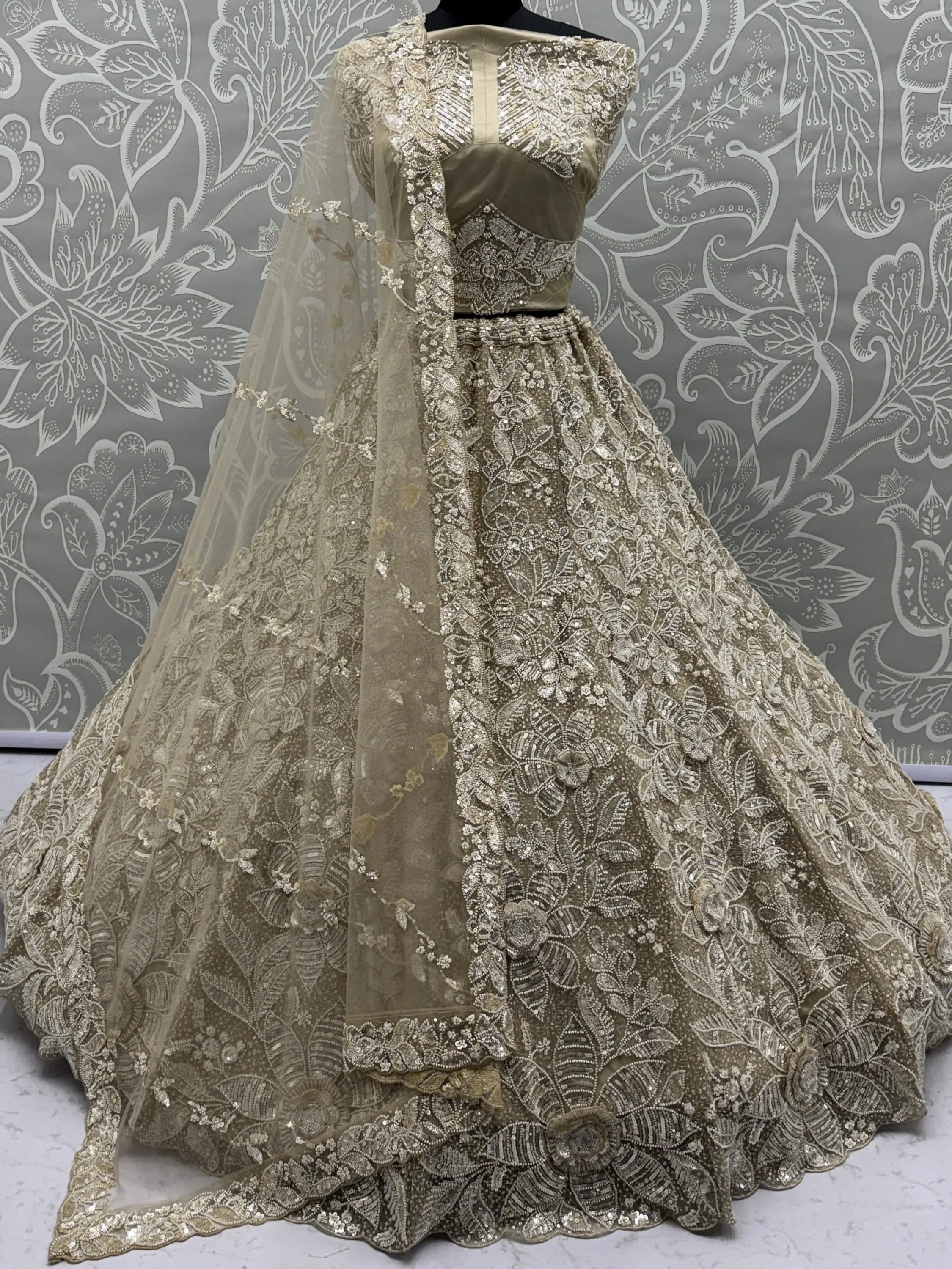 Graceful Cream Beads Work Net Party Wear Lehenga Choli