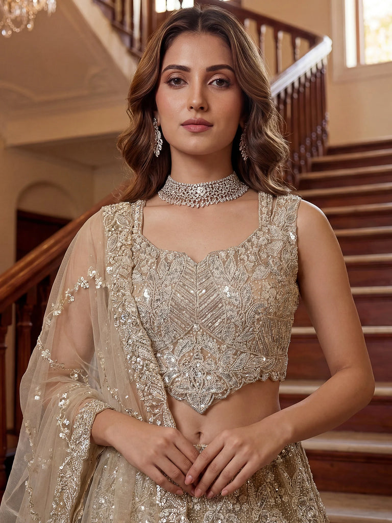 Graceful Cream Beads Work Net Party Wear Lehenga Choli