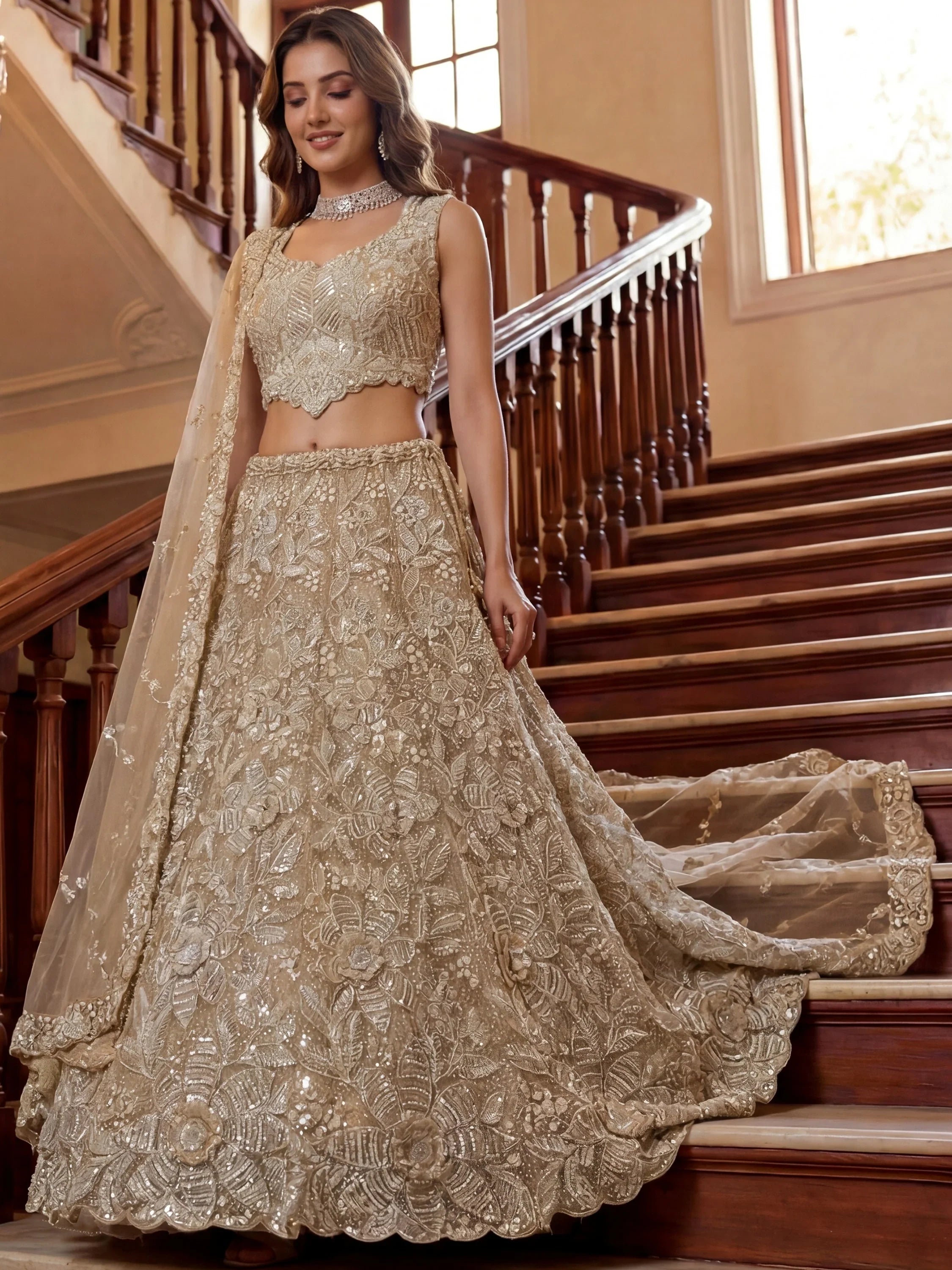 Graceful Cream Beads Work Net Party Wear Lehenga Choli