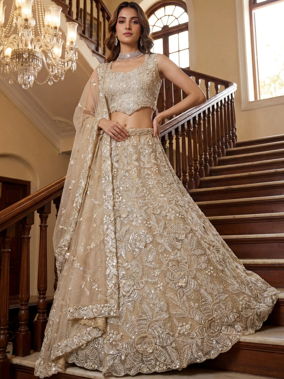Graceful Cream Beads Work Net Party Wear Lehenga Choli