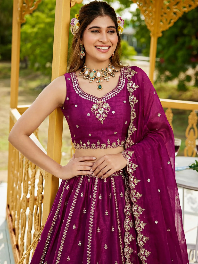 Attractive Wine Dori Work Satin Sangeet Wear Lehenga Choli