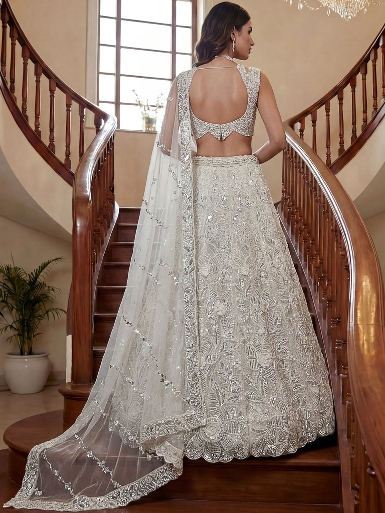 Captivating White Beads Work Net Reception Wear Lehenga Choli