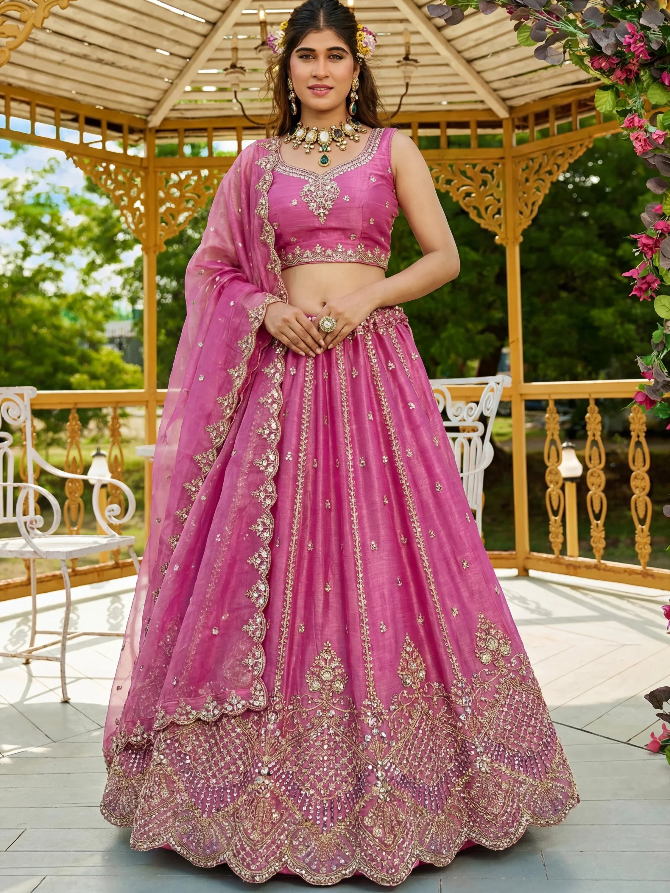 Awesome Pink Dori Work Satin Engagement Wear Lehenga Choli