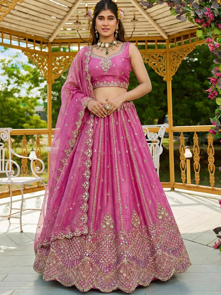 Awesome Pink Dori Work Satin Engagement Wear Lehenga Choli