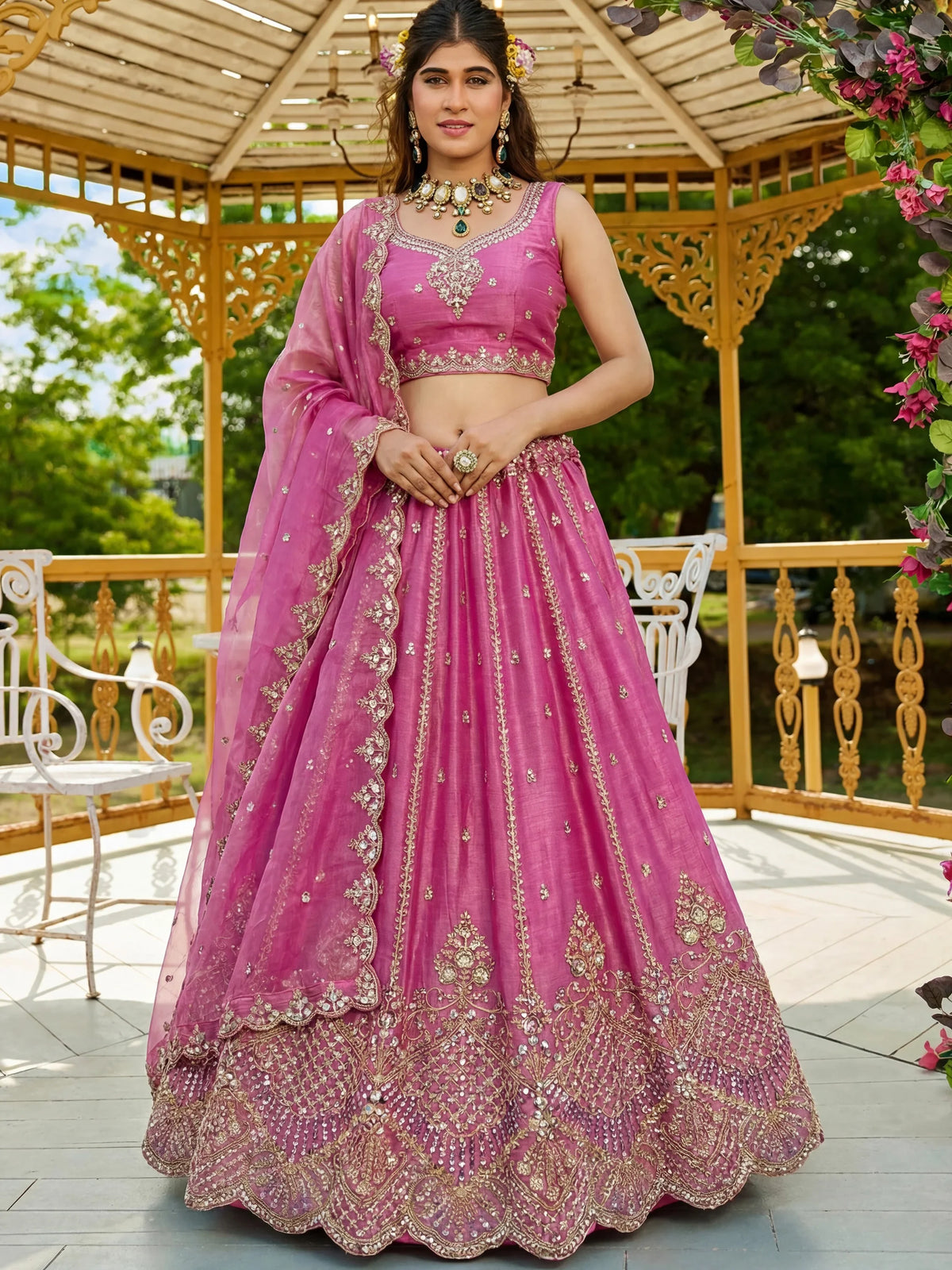 Awesome Pink Dori Work Satin Engagement Wear Lehenga Choli