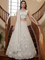 Captivating White Beads Work Net Reception Wear Lehenga Choli