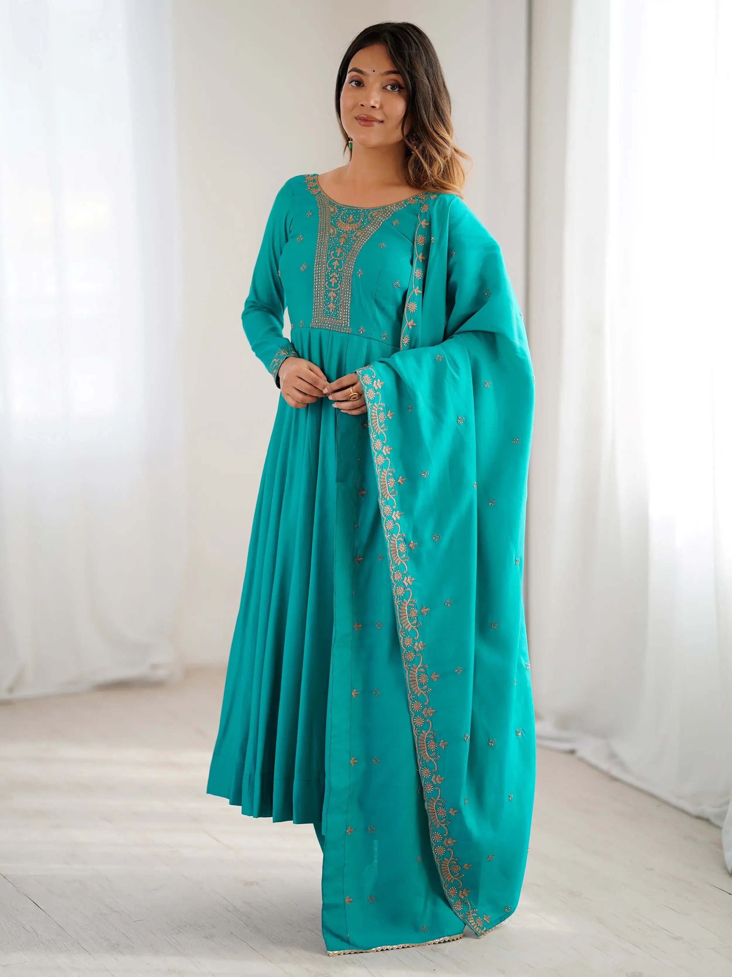 Sparkling Blue Beads Work Silk Festive Wear Salwar Kameez