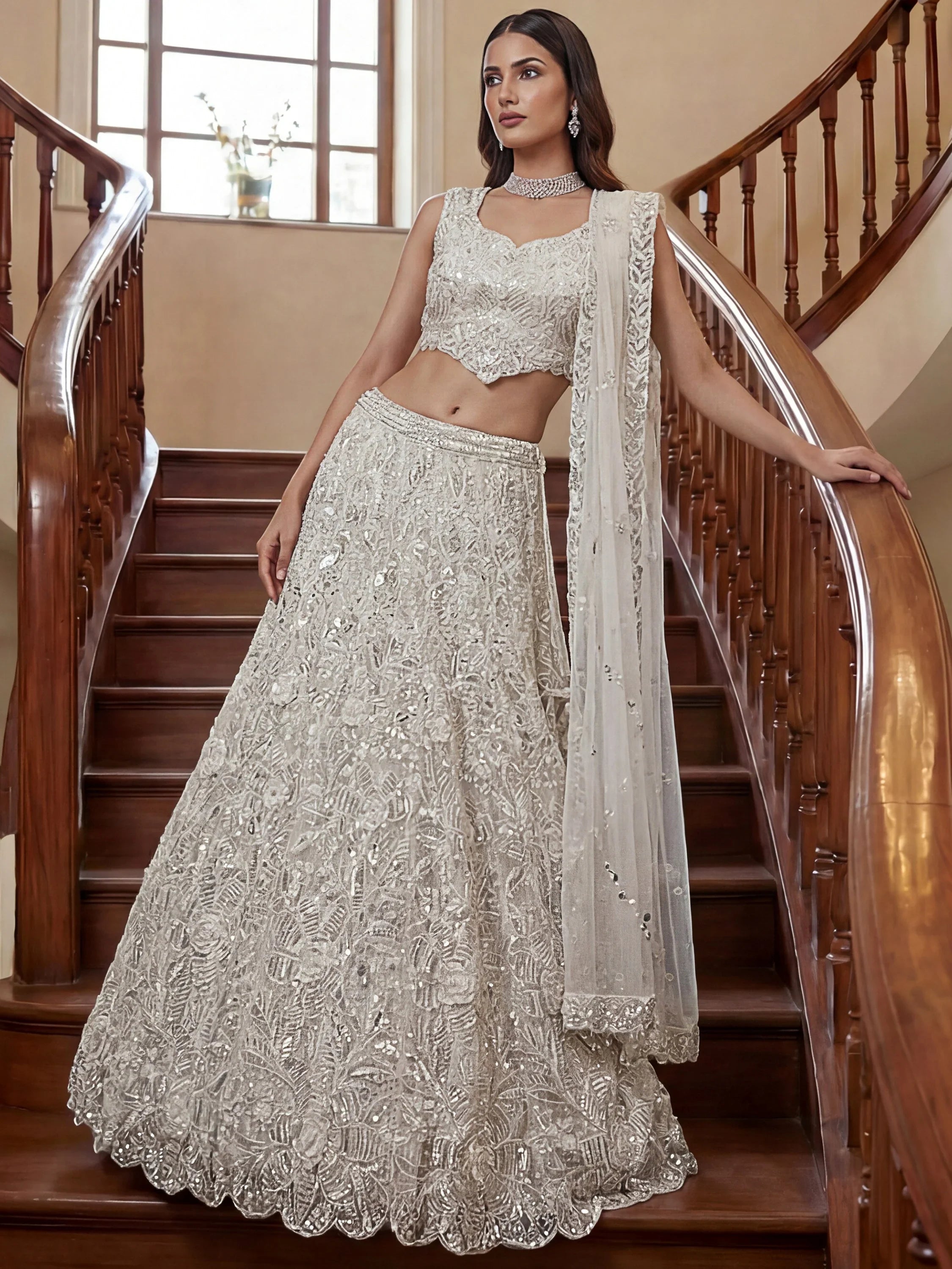 Captivating White Beads Work Net Reception Wear Lehenga Choli