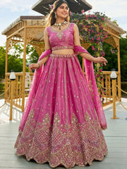 Awesome Pink Dori Work Satin Engagement Wear Lehenga Choli