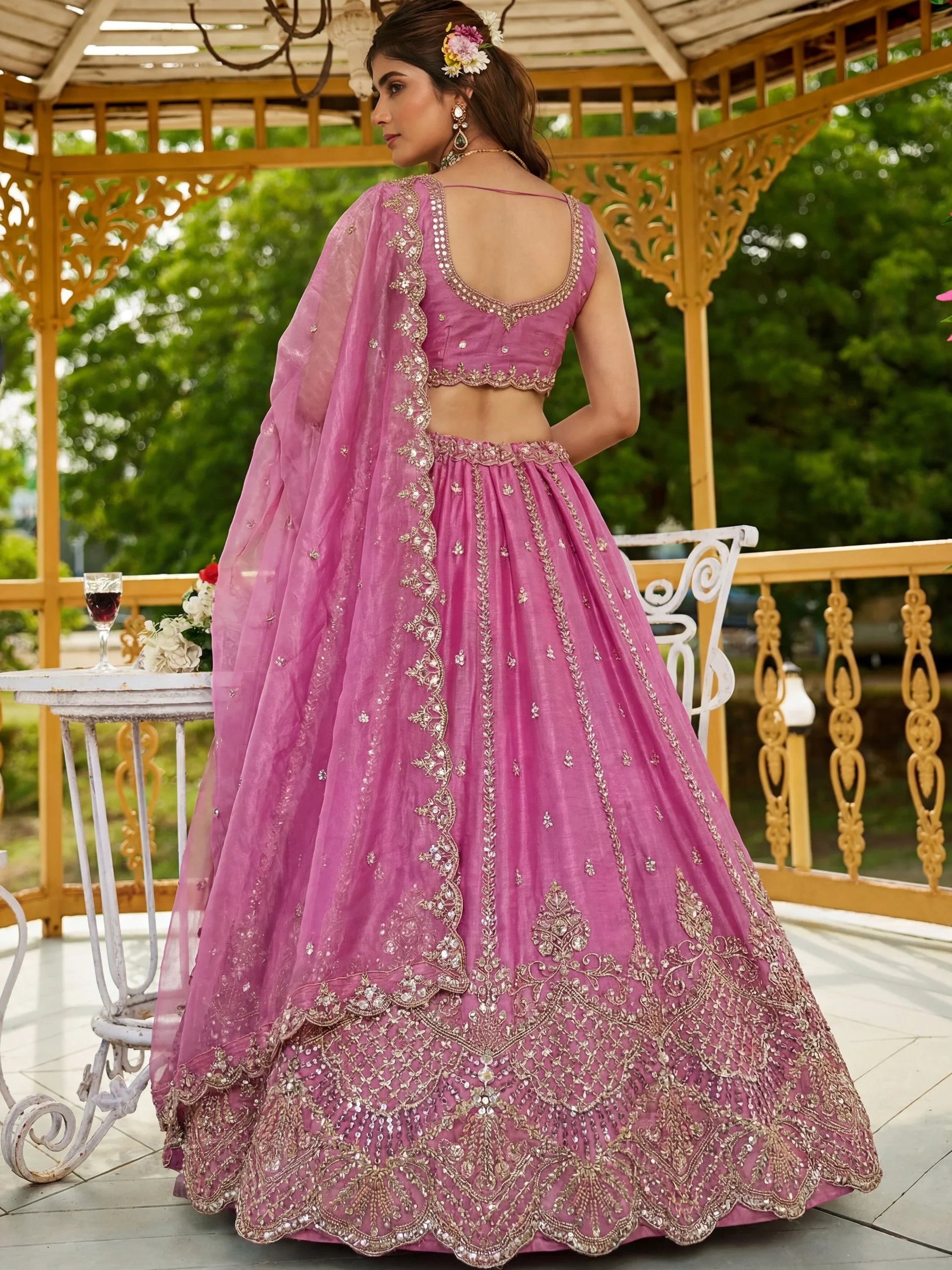 Awesome Pink Dori Work Satin Engagement Wear Lehenga Choli