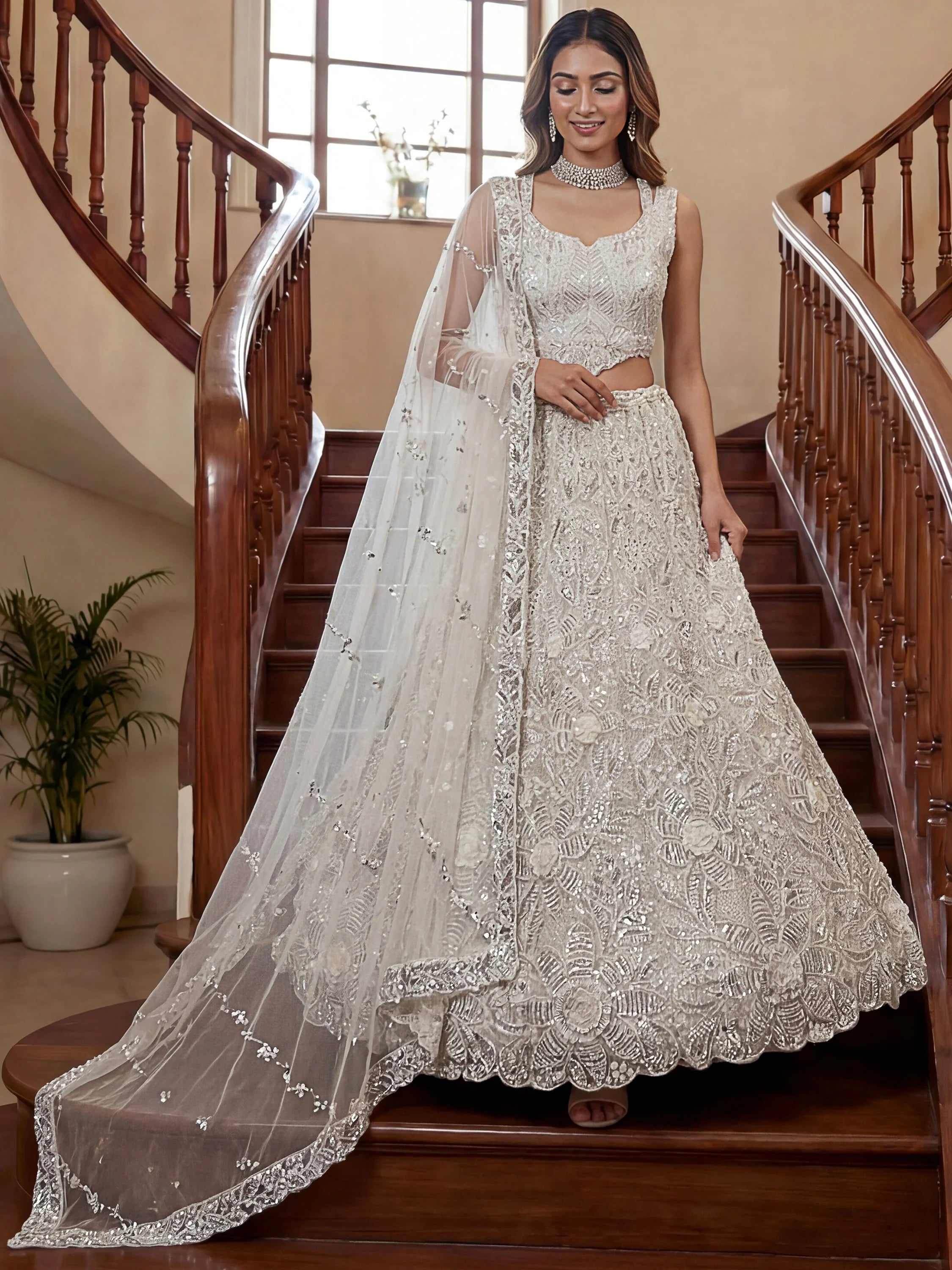 Captivating White Beads Work Net Reception Wear Lehenga Choli